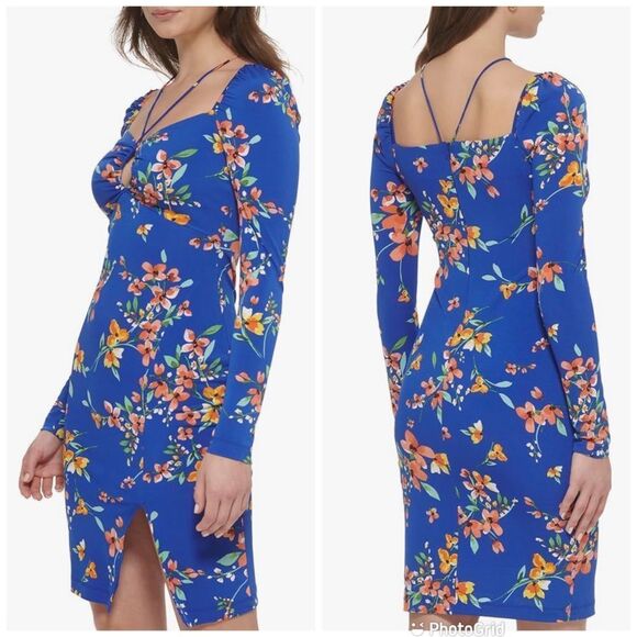 GUESS‎ Blue Floral Cutout Bodycon Dress Long Sleeve Knee Length Slit Size 10 New - Picture 3 of 13